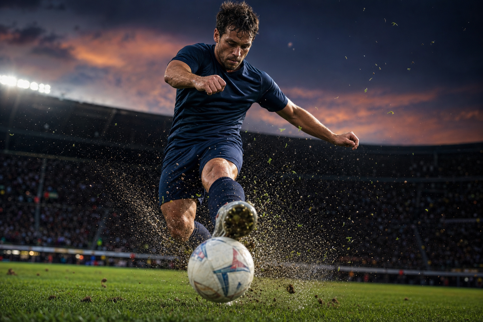 Azione di calcio congelata, giocatore che colpisce il pallone